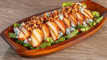 Pear and Walnut Salad in Wooden Plate: A visually stunning pear and walnut salad on a wooden plate, a delicious culinary masterpiece showcasing fresh ingredients and expert presentation.