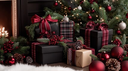 Holiday Cheer Unwrapped: Festive gift boxes adorn a decorated Christmas tree, evoking the anticipation of a joyous holiday season filled with warmth and delight.