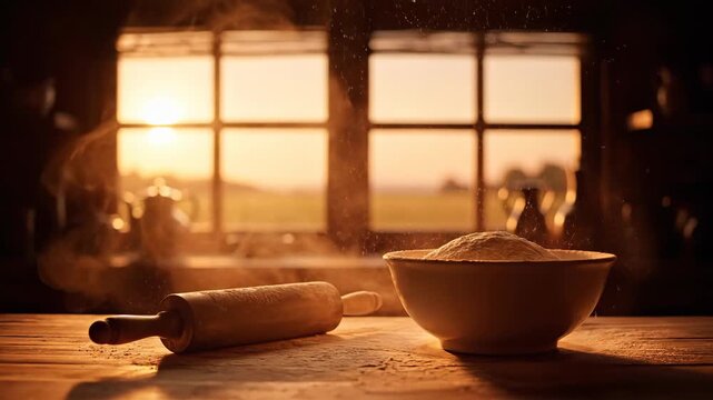 Baking ingredients and tools with warm sunset light through window