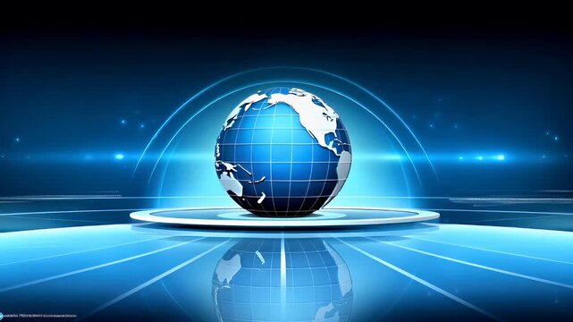 Digital art wallpaper background. A digital artwork depicting a globe with a grid pattern on its surface. The globe is blue with white continents. The background is a gradient of blue.