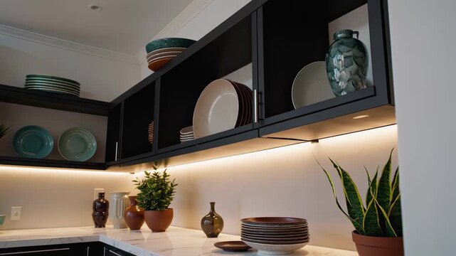 This captivating video showcases a beautifully designed kitchen featuring stylish shelving, elegant pottery, and plants. Soft lighting enhances the aesthetic, creating a warm and inviting atmosphere p