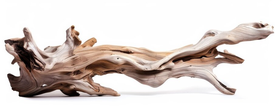 Isolated weathered driftwood log shows swirling grain on white background studio shot nature design element