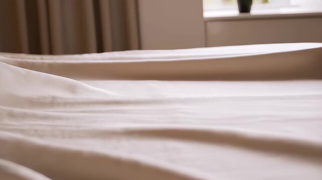 This calming video presents a beautifully made bed with crisp white sheets and a gentle morning light streaming through the window. The serene environment promotes relaxation and invites viewers to ap