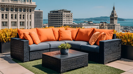 Obraz premium Stylish Outdoor Lounge with City View and Orange Pillows.