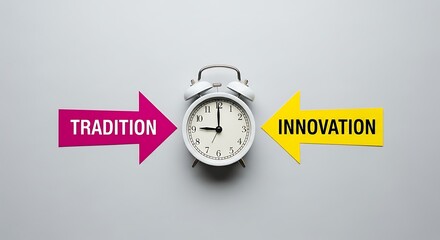 Clock between tradition and innovation arrows on a gray background