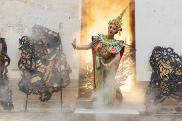 Thai Khon performers in elaborate costumes of Thotsakan, Ritik, and Nang Sida
