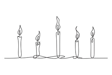 Single line art of multiple candles with fire flame simple outline illustration on white background
