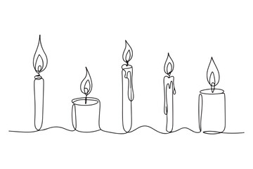 Single line art of multiple candles with fire flame simple outline illustration on white background
