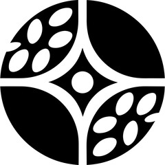 Abstract black and white symmetrical oval design on transparent background silhouette