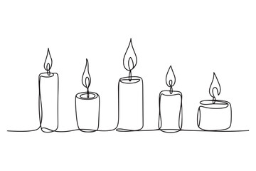 Single line art of multiple candles with fire flame simple outline illustration on white background
