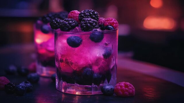 Delicious and Refreshing Berry Cocktail with Ice and Garnishes.