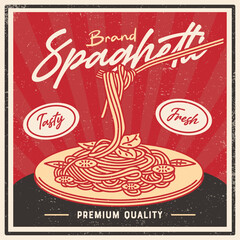 Vintage spaghetti poster design featuring swirling noodles around fork in retro Italian style. Illustration with distressed texture for restaurant branding and pasta packaging.