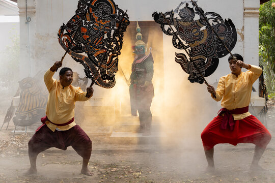 Thai Khon performers in elaborate costumes of Thotsakan, Ritik, and Nang Sida