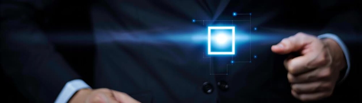 Man in suit presses button activating control panel interface precise touch on interface controlling system with determination