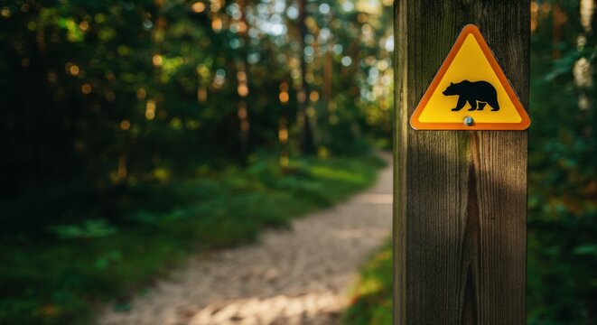 Wildlife warning sign posted on a wooden post along a forest trail in natural outdoor setting