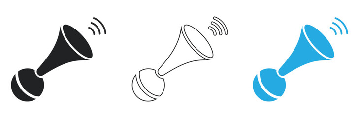 Vintage bicycle horn sound wave alert symbol in black, outline, and blue for attention-grabbing communication