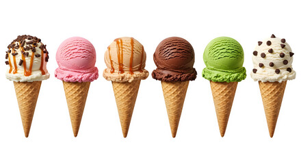 Variety of delicious ice cream cones with different flavors and toppings on black background