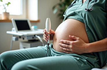 Pregnant woman undergoing ultrasound examination in medical clinic