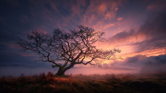 Lonely tree at sunrise in foggy landscape