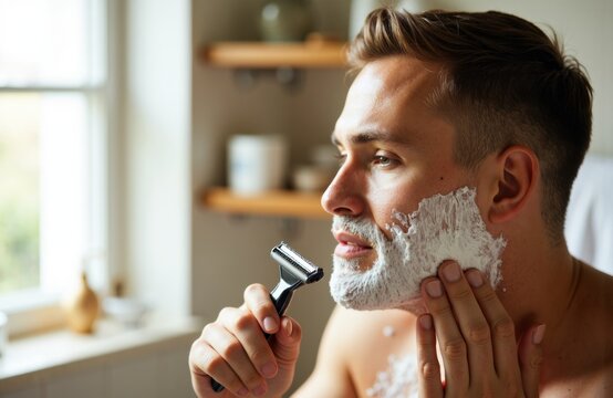 Man shaving with razor in bathroom, close-up of face and grooming process