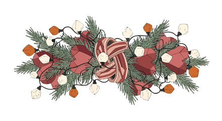 A charming festive garland featuring evergreen branches, warm string lights, delightful candy canes, and decorative hearts, perfect for holiday celebrations and winter cheer.