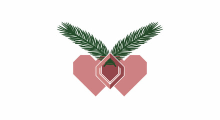 An elegant illustration featuring two intertwined pink hearts adorned with festive green pine branches and a sparkling central gem, symbolizing love and holiday cheer.