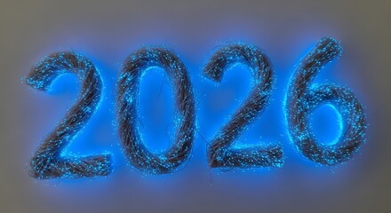 Bright Year 2026 Number Made of Fiber Optic Cables on Gray Background for Banner Decoration Glowing Blue