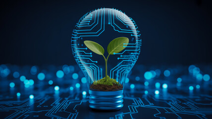 Luminous light bulb with green sprout inside on a dark blue circuit board background with bokeh lights