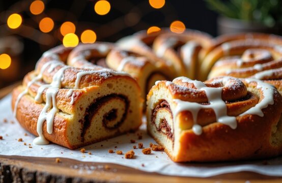 Cinnamon roll cake with icing on a rustic wooden surface with blurred holiday lights in the background