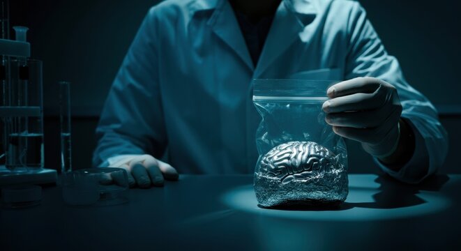 A scientist examines a brain model inside a laboratory setting with scientific equipment