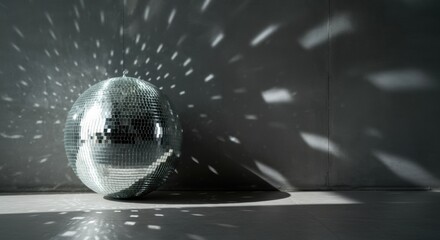 A shiny disco ball reflecting light creates a pattern of sparkling spots on the wall and floor