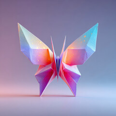 A vibrant paper origami butterfly with iridescent wings, displayed under soft, gradient lighting for a mystical effect.