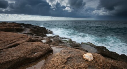 Dark stormy sky over rough ocean coastline with rocks and seashell in foreground