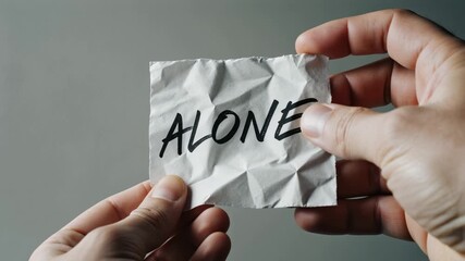 Crumpled note with the word ALONE holded in hand