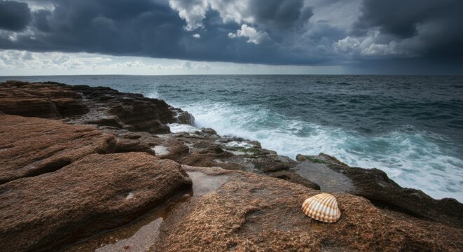 Dark stormy sky over rough ocean coastline with rocks and seashell in foreground