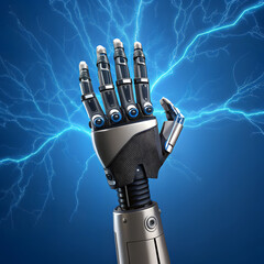 Futuristic robotic hand gesturing with electricity crackling behind for advanced technology and AI themes