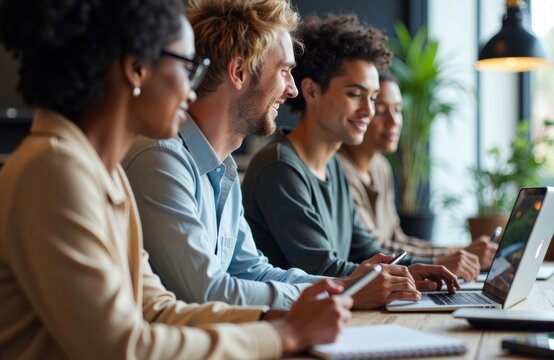 Business team collaborating during meeting in modern office environment
