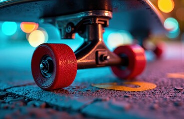 A skateboard with red wheels resting on a textured surface under colorful bokeh lights