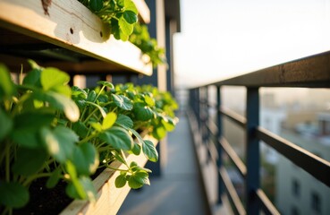 Obraz premium Green plants growing on a balcony railing during sunset creating a peaceful outdoor scene