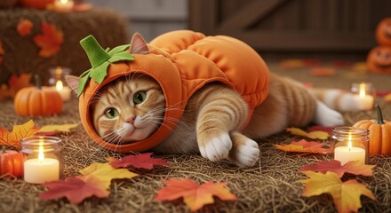 Orange tabby cat wearing a pumpkin costume lying down surrounded by leaves and candles kitten animal