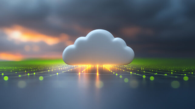 A stylized cloud signifies data storage and connectivity, amidst a luminous landscape showcasing the future of technology.