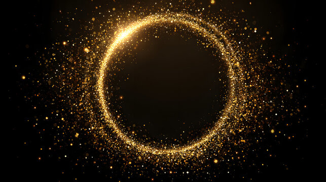 Gold glitter circle of light shine sparkles and golden spark particles in circle frame on black background. Christmas magic stars glow, firework confetti of glittery ring shimmer - Powered by Adobe
