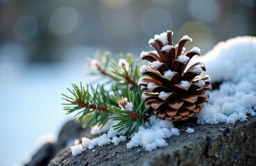 Pine cone resting on snow-covered log with evergreen branch in winter outdoor setting