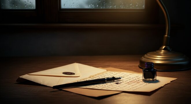 A desk scene with handwritten notes, an ink bottle, and a pen illuminated by a warm desk lamp