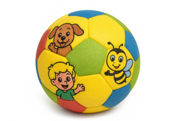 Colorful soft plush baby ball with cartoon characters dog, boy, and bee playing, promoting early childhood development, isolated