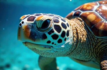 Fototapeta premium Colorful sea turtle swimming underwater with detailed shell and vibrant markings