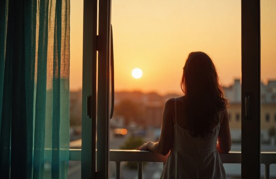 Woman standing by open balcony doors watching sunset with cityscape in background - Powered by Adobe