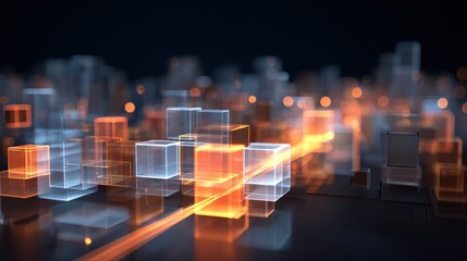 Illuminated Digital Cityscape: An artistic display of a futuristic city composed of glowing, translucent cubes, interlinked by pathways of light, showcasing a modern cityscape.
