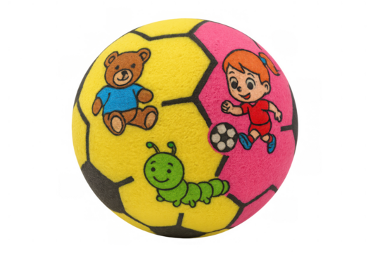 Children's plush soccer ball featuring a cartoon girl playing football, a teddy bear, and a caterpillar, on a transparent background