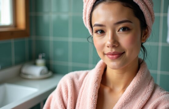 Woman with towel on head smiling in bathroom with green tiled wall